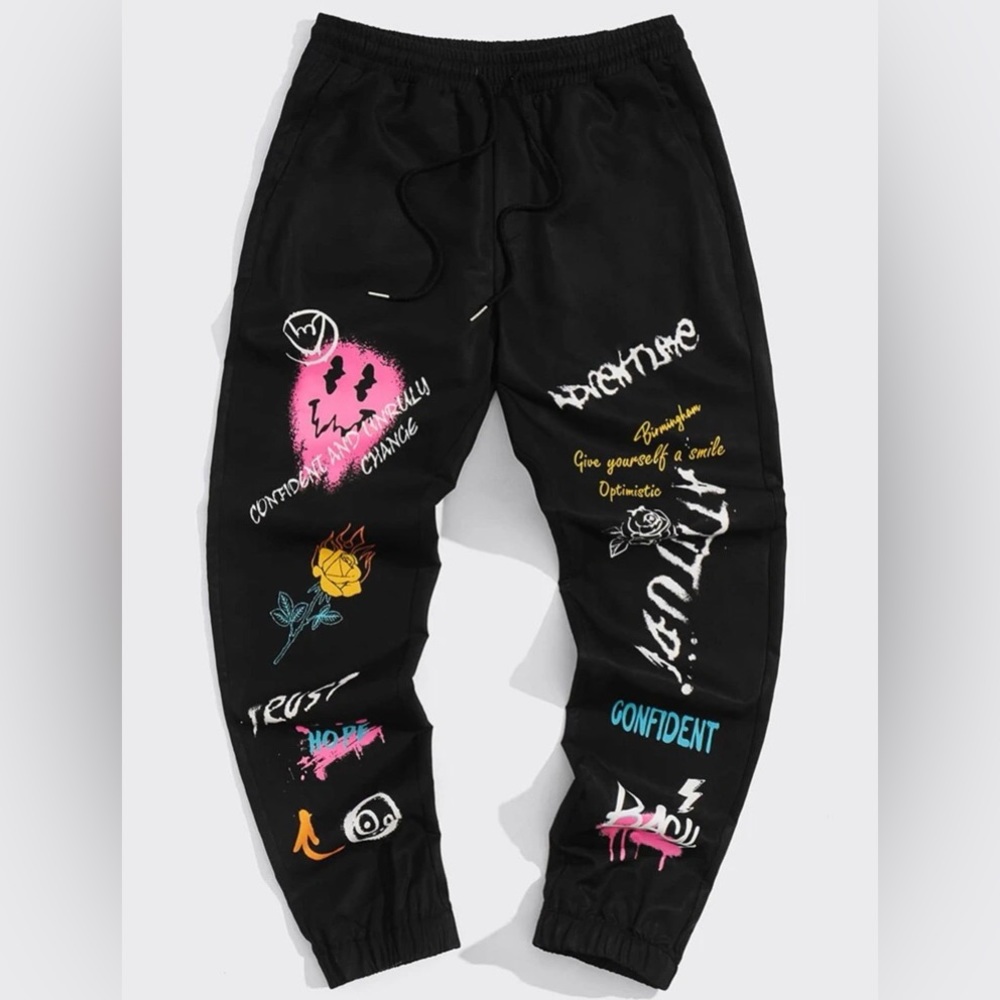Expression & Letter Graphic Drawstring Waist Pants - Picture 1 of 3